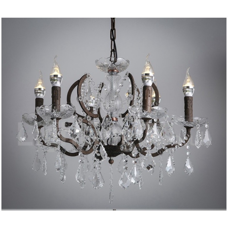 Lustre vintage en métal peint et cristal, 6 lumières, diamètre 60 cm, couleur fer rouillé