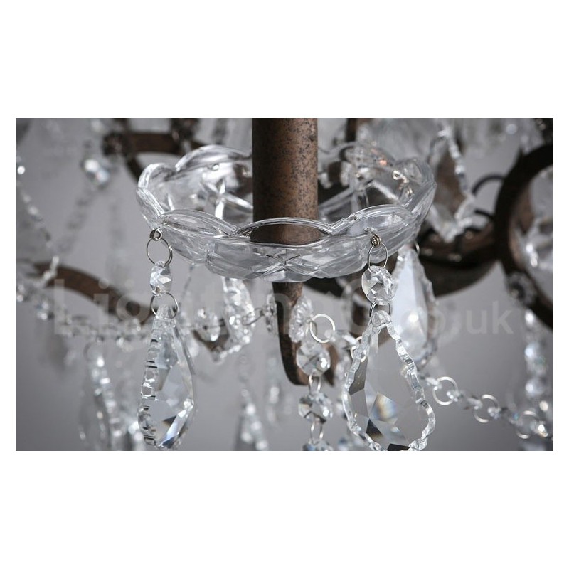 Lustre vintage en métal peint et cristal, 6 lumières, diamètre 60 cm, couleur fer rouillé