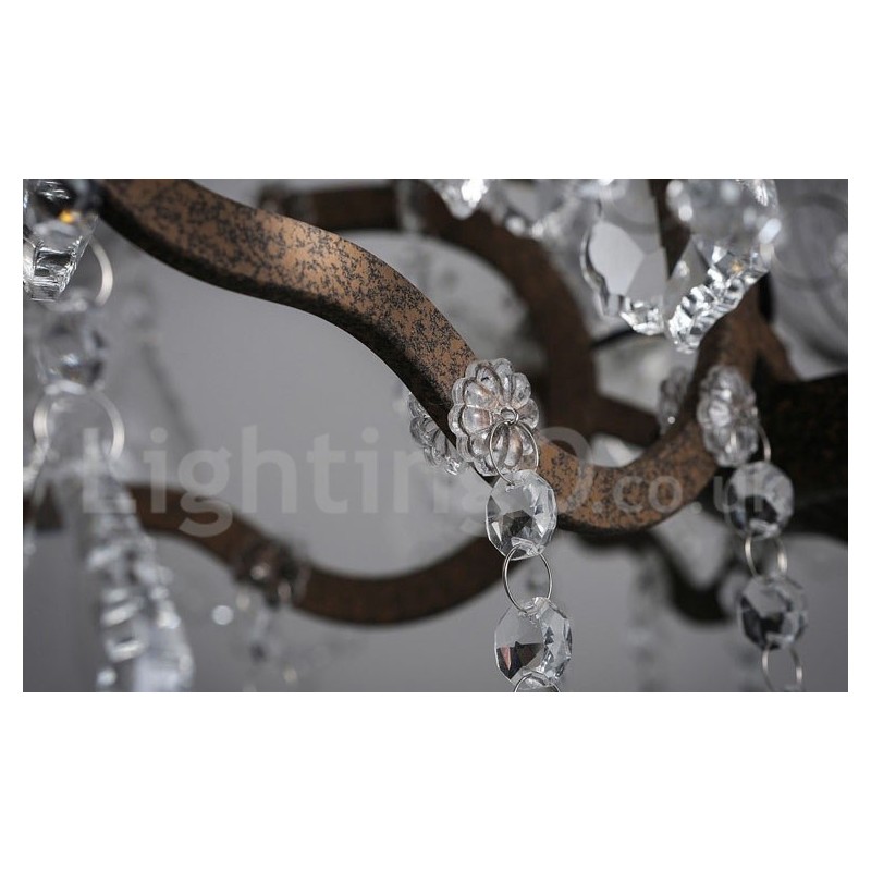 Lustre vintage en métal peint et cristal, 6 lumières, diamètre 60 cm, couleur fer rouillé