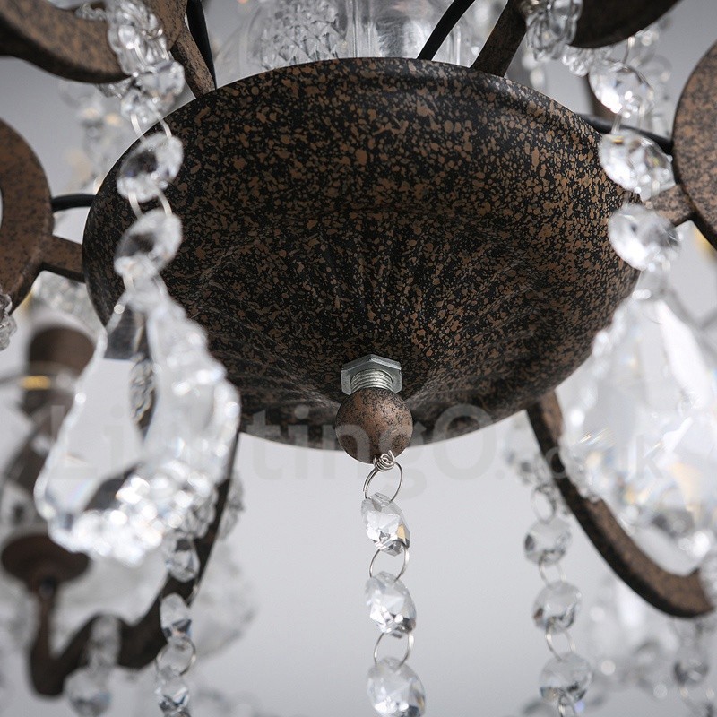 Lustre vintage en métal peint et cristal, 6 lumières, diamètre 60 cm, couleur fer rouillé