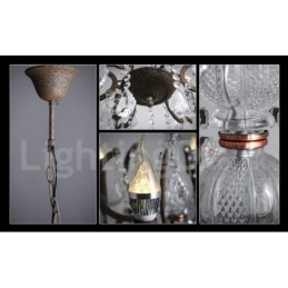 Lustre vintage en métal peint et cristal, 6 lumières, diamètre 60 cm, couleur fer rouillé