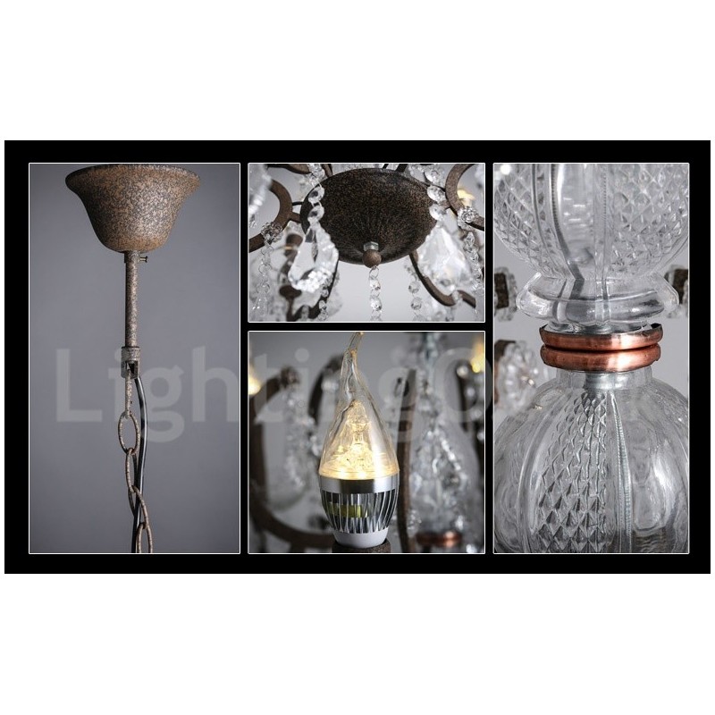 Lustre vintage en métal peint et cristal, 6 lumières, diamètre 60 cm, couleur fer rouillé