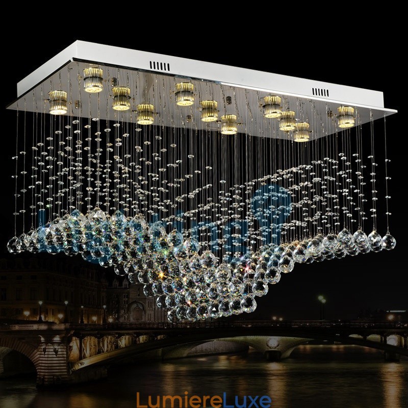 Lustre contemporain moderne à montage encastré, luminaire suspendu en cristal avec goutte de pluie