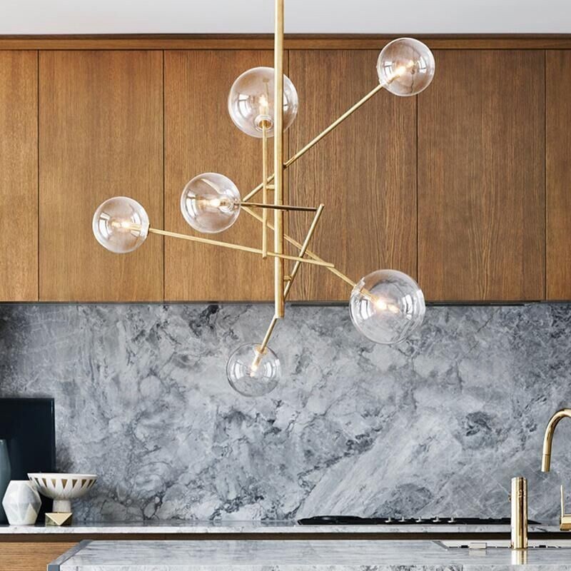 Lustre nordique à 6 lumières, simple et créatif, style rétro, boule de verre en fer, haricot magique