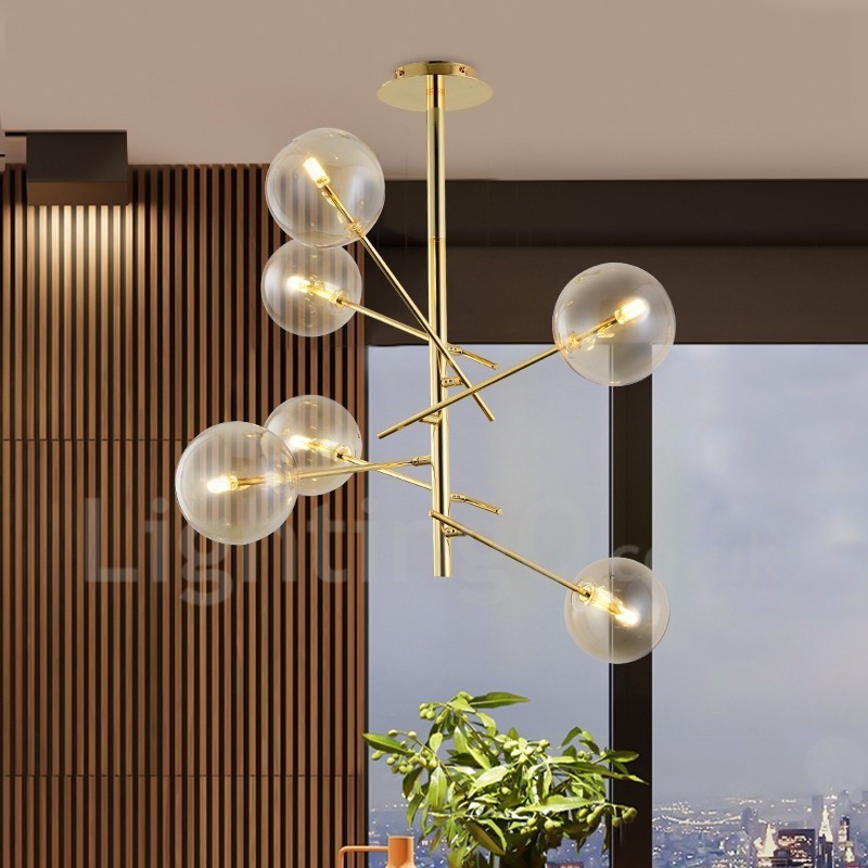 Lustre nordique à 6 lumières, simple et créatif, style rétro, boule de verre en fer, haricot magique