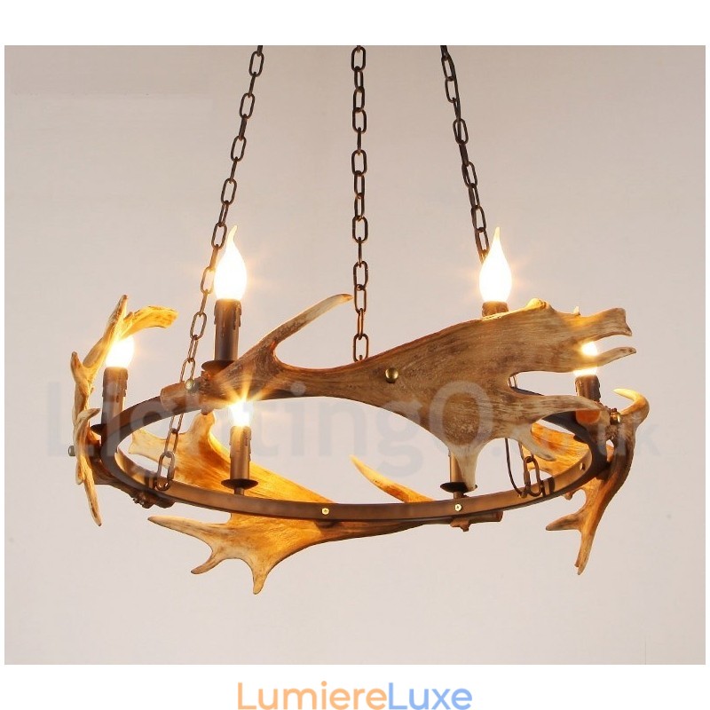 Lustre rustique à 6 lumières en forme d'anneau en bois de cerf