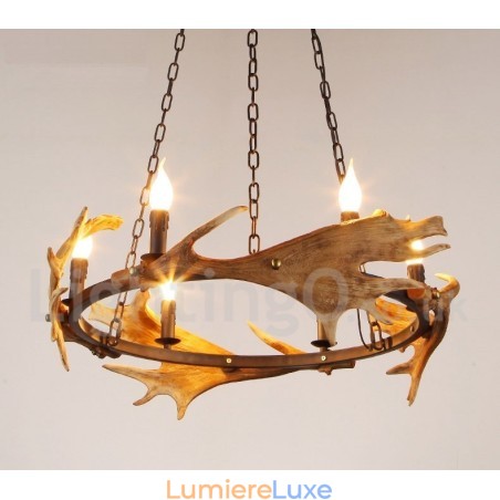 Lustre rustique à 6 lumières en forme d'anneau en bois de cerf Lustre rustique à 6 lumières en forme d'anneau en bois de cerf