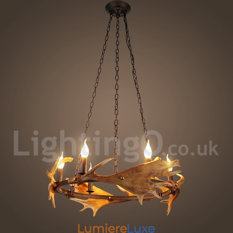 Lustre rustique à 6 lumières en forme d'anneau en bois de cerf