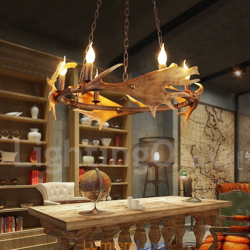 Lustre rustique à 6 lumières en forme d'anneau en bois de cerf