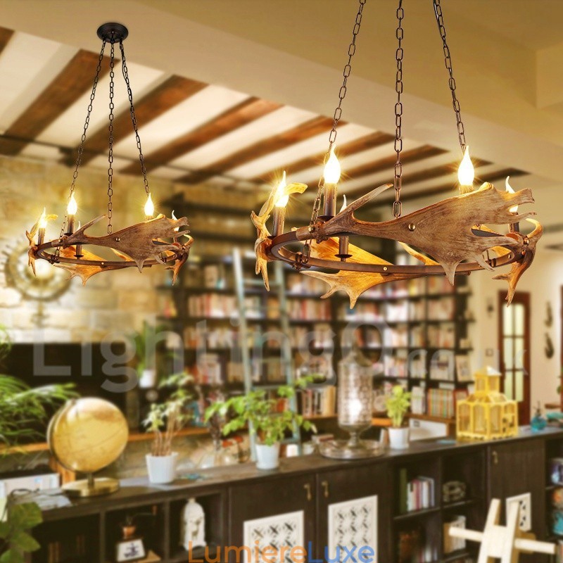 Lustre rustique à 6 lumières en forme d'anneau en bois de cerf