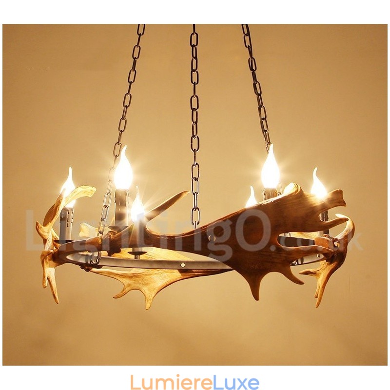 Lustre rustique à 6 lumières en forme d'anneau en bois de cerf
