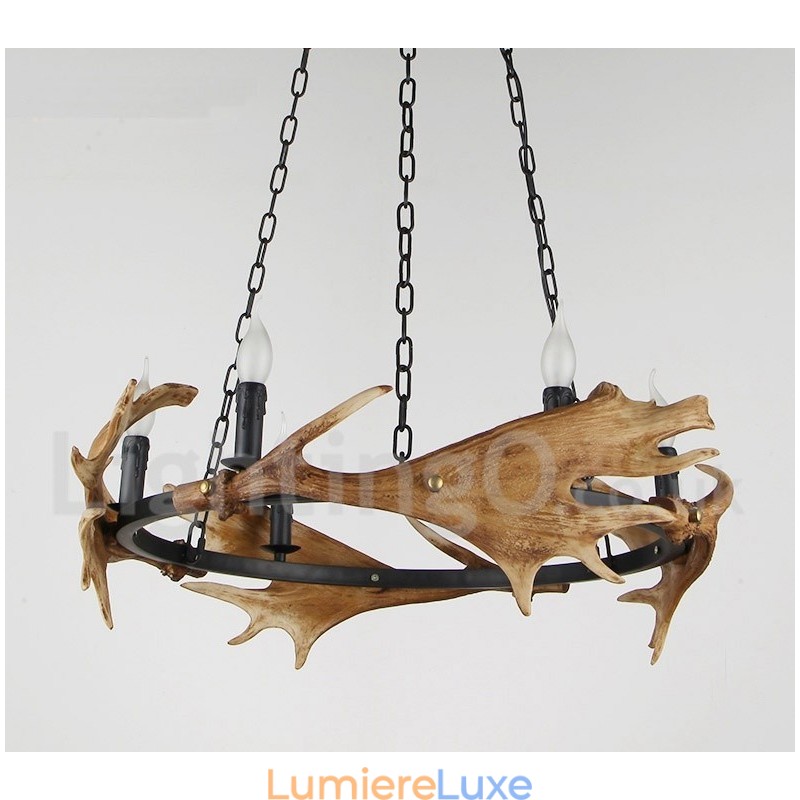 Lustre rustique à 6 lumières en forme d'anneau en bois de cerf