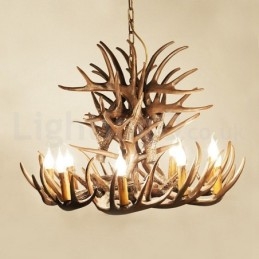 Lustre rustique artistique rétro à 9 lumières en bois de cerf