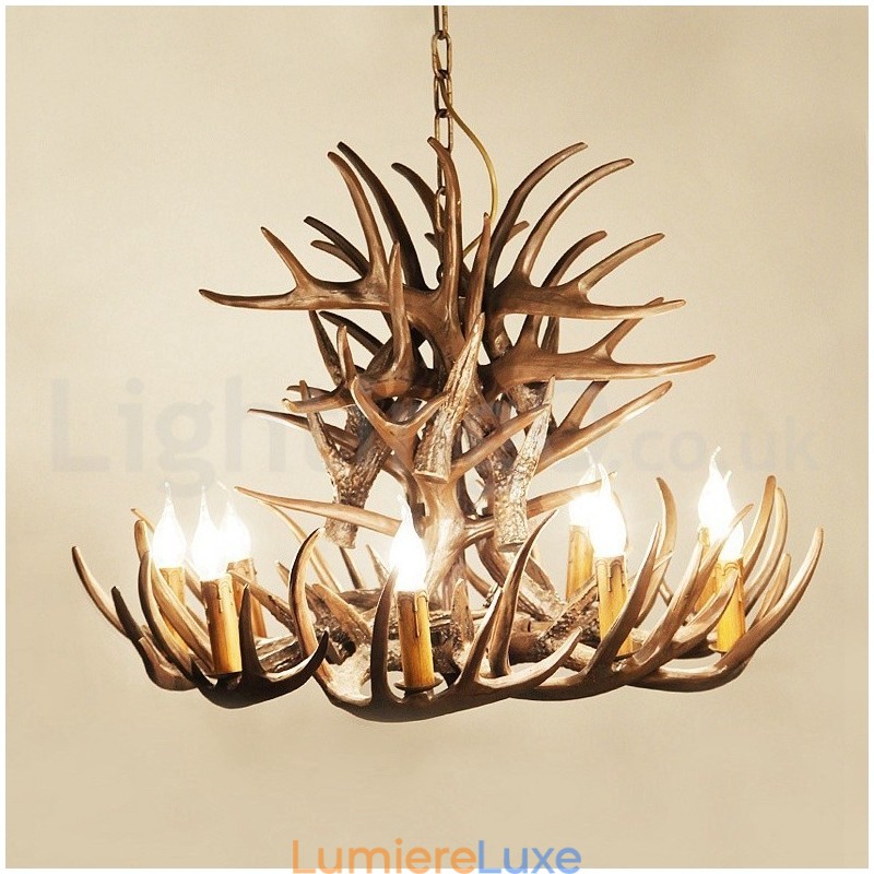 Lustre rustique artistique rétro à 9 lumières en bois de cerf