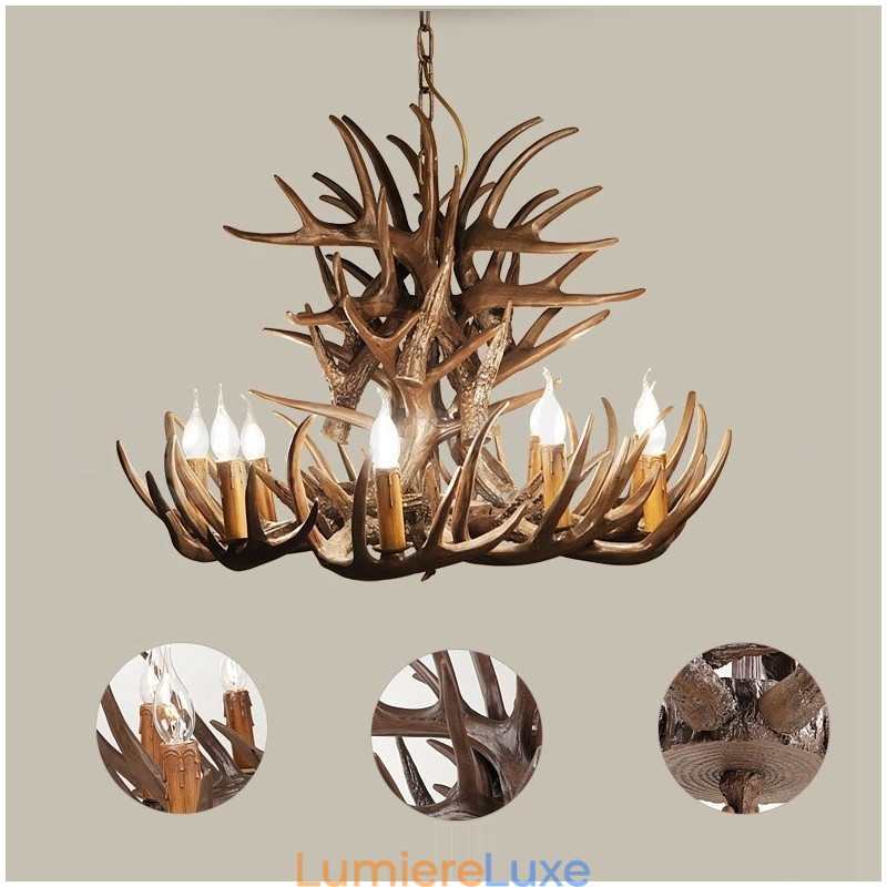 Lustre rustique artistique rétro à 9 lumières en bois de cerf
