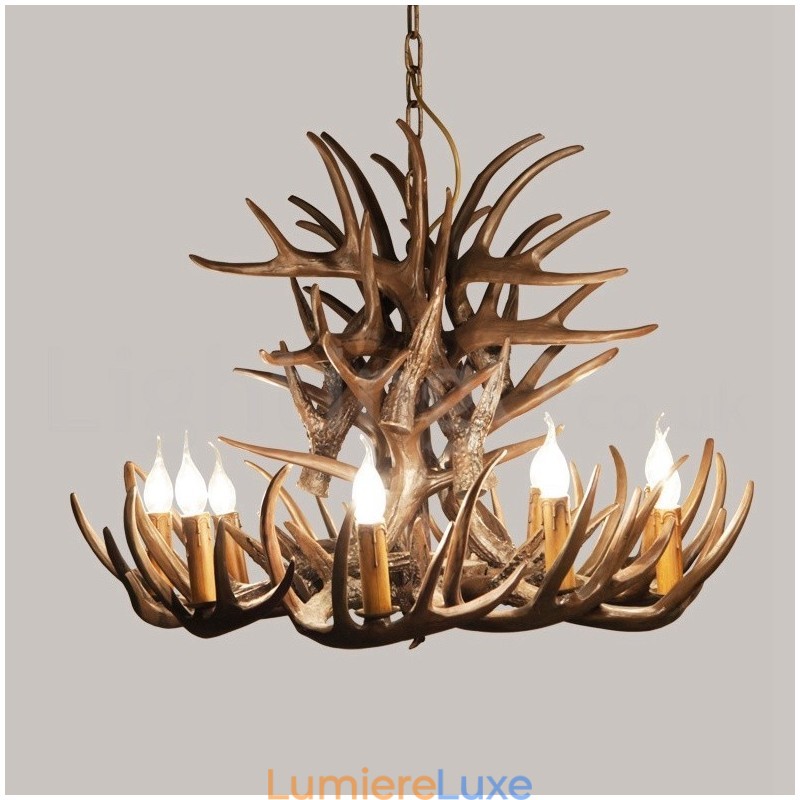 Lustre rustique artistique rétro à 9 lumières en bois de cerf