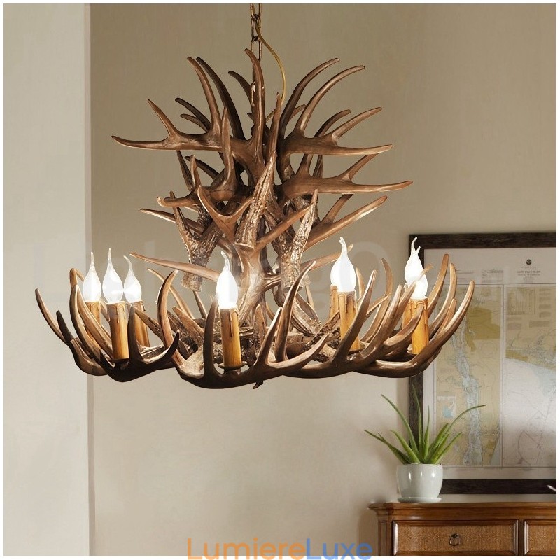 Lustre rustique artistique rétro à 9 lumières en bois de cerf