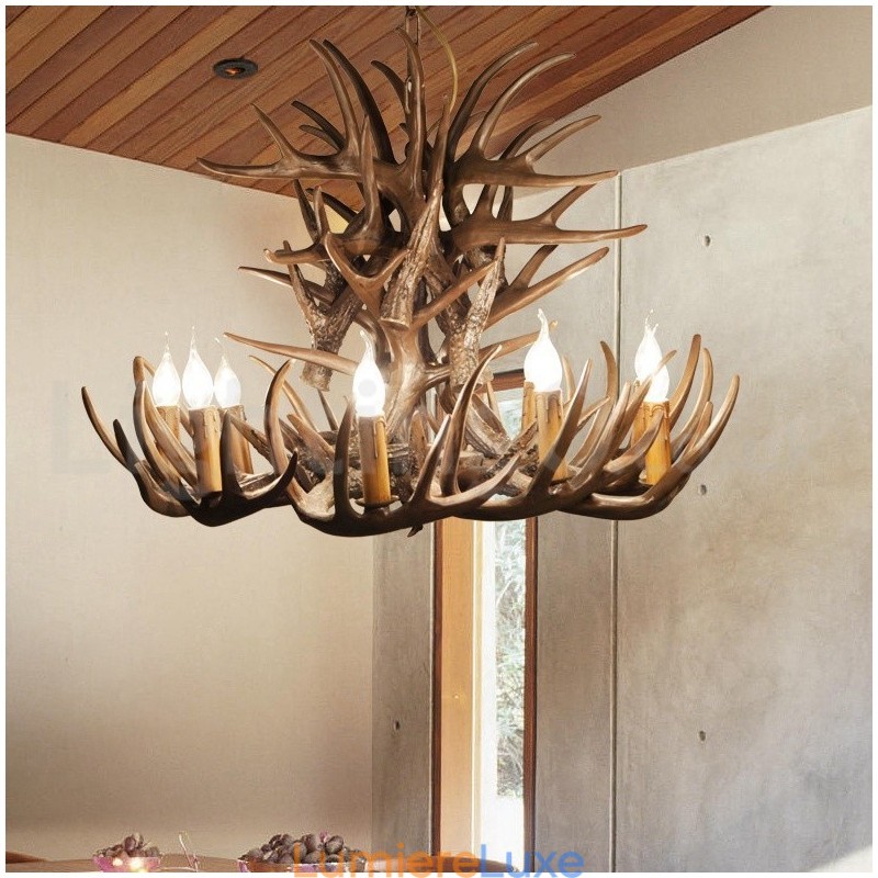 Lustre rustique artistique rétro à 9 lumières en bois de cerf