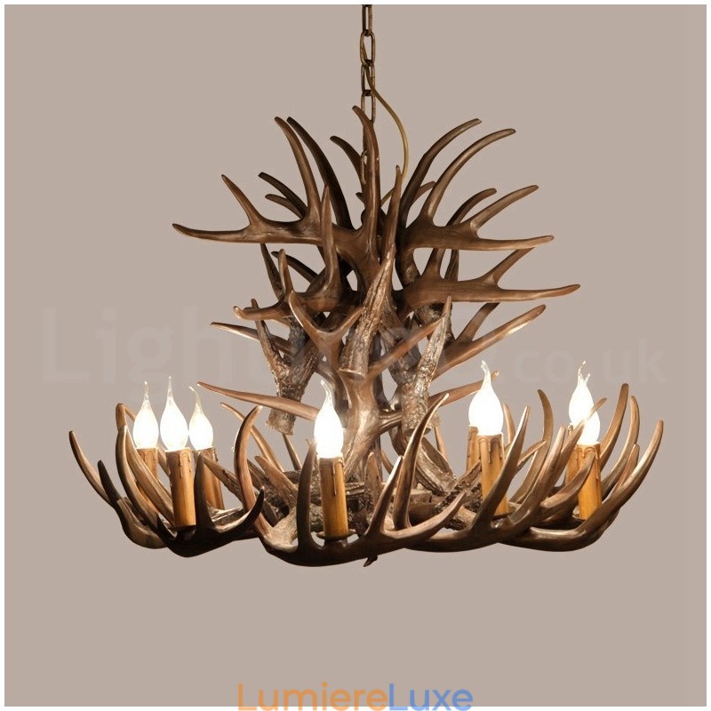 Lustre rustique artistique rétro à 9 lumières en bois de cerf