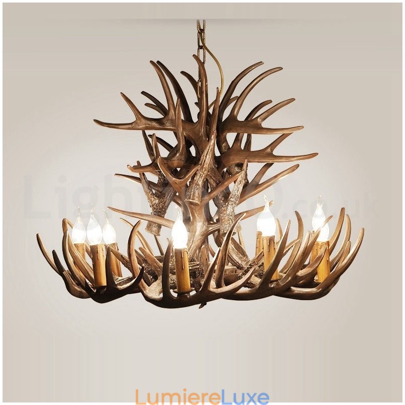 Lustre rustique artistique rétro à 9 lumières en bois de cerf