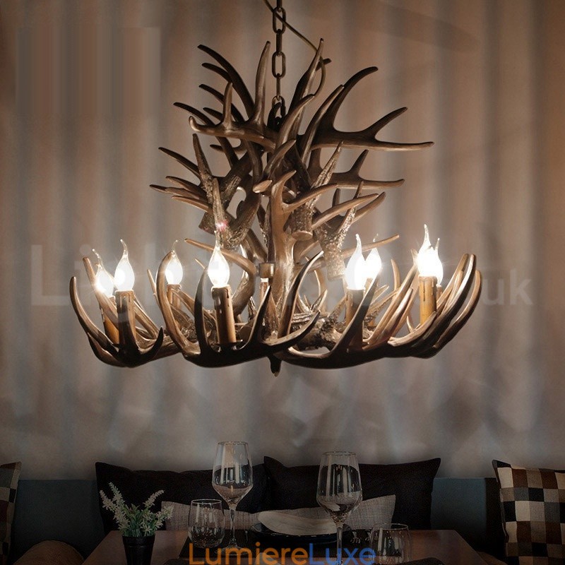 Lustre rustique artistique rétro à 9 lumières en bois de cerf