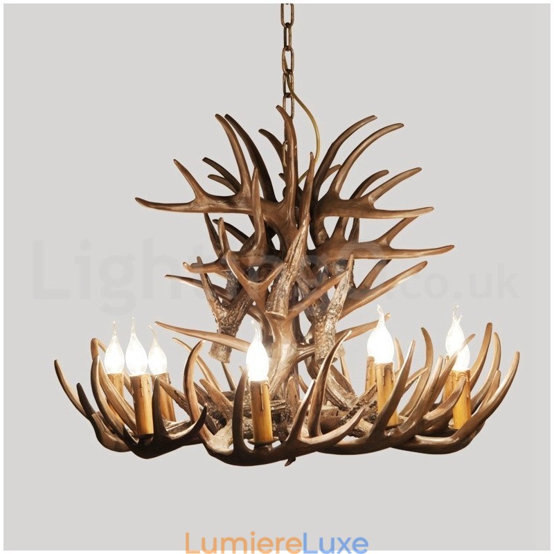 Lustre rustique artistique rétro à 9 lumières en bois de cerf