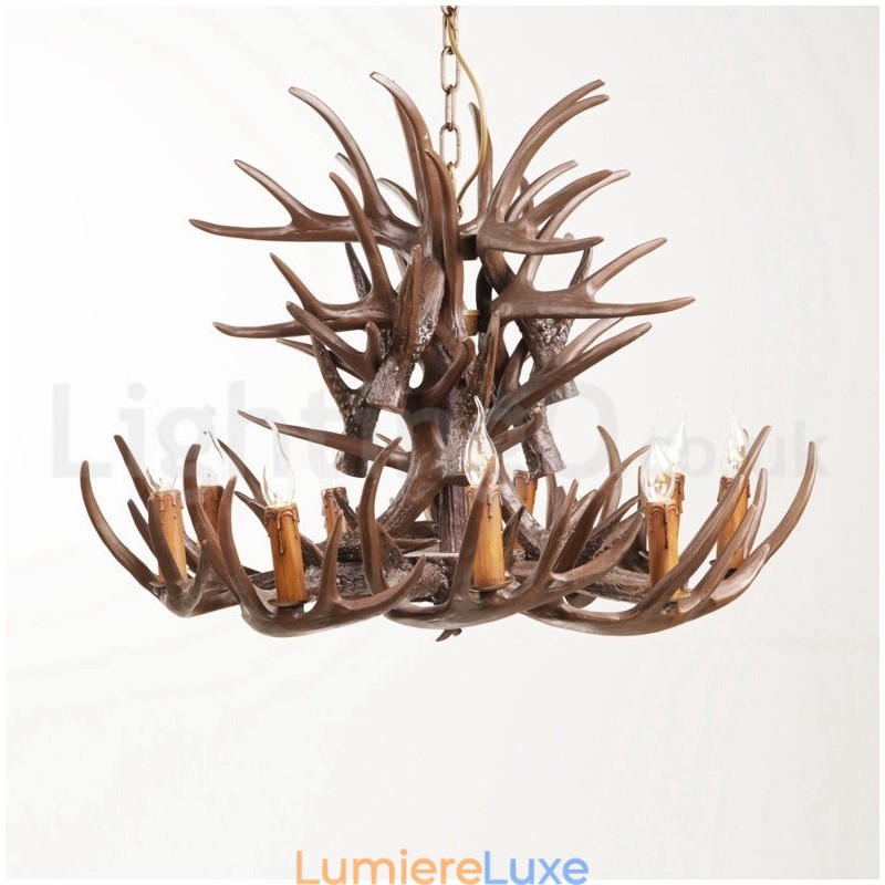 Lustre rustique artistique rétro à 9 lumières en bois de cerf
