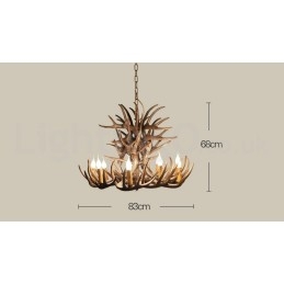 Lustre rustique artistique rétro à 9 lumières en bois de cerf