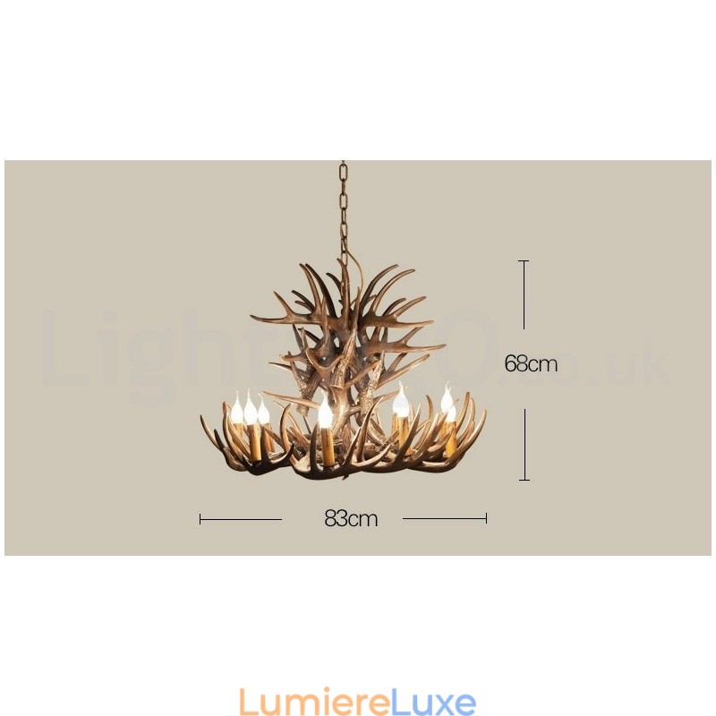 Lustre rustique artistique rétro à 9 lumières en bois de cerf