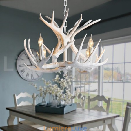 Lustre rustique artistique rétro à 4 lumières en bois de cerf blanc Lustre rustique artistique rétro à 4 lumières en bois de cerf blanc