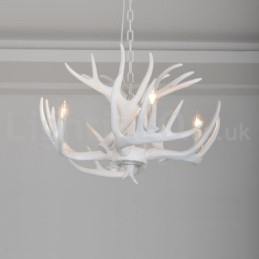Lustre rustique artistique rétro à 4 lumières en bois de cerf blanc