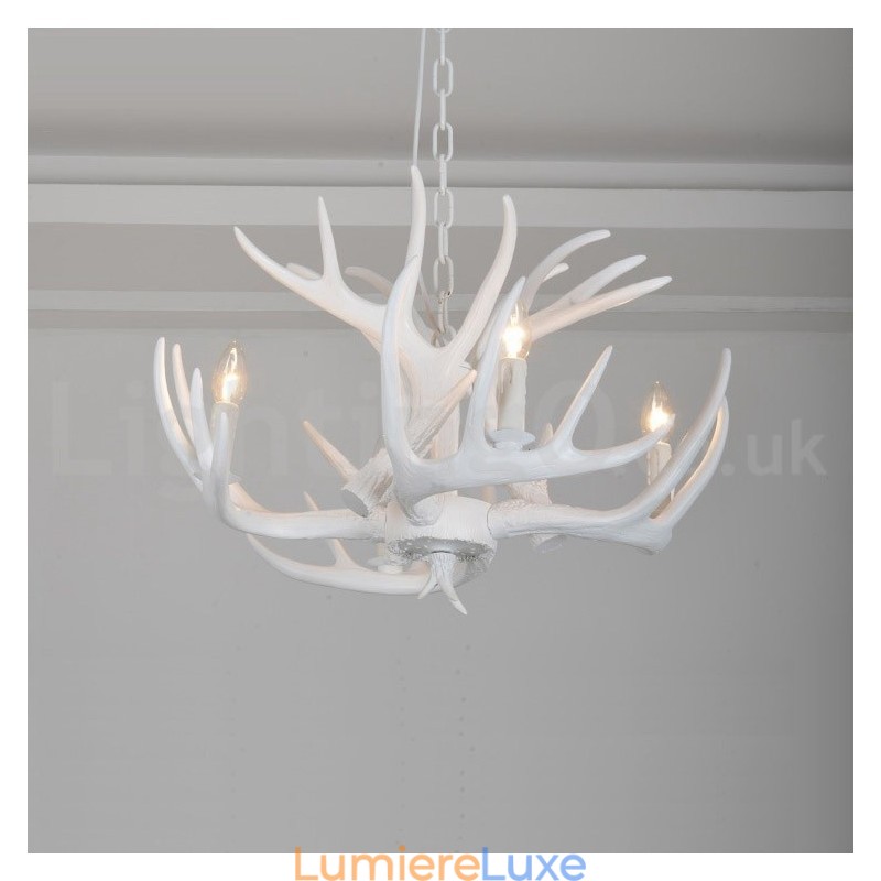 Lustre rustique artistique rétro à 4 lumières en bois de cerf blanc