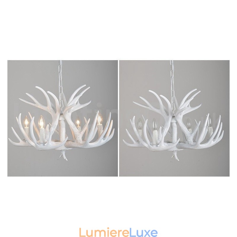 Lustre rustique artistique rétro à 4 lumières en bois de cerf blanc