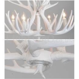 Lustre rustique artistique rétro à 4 lumières en bois de cerf blanc