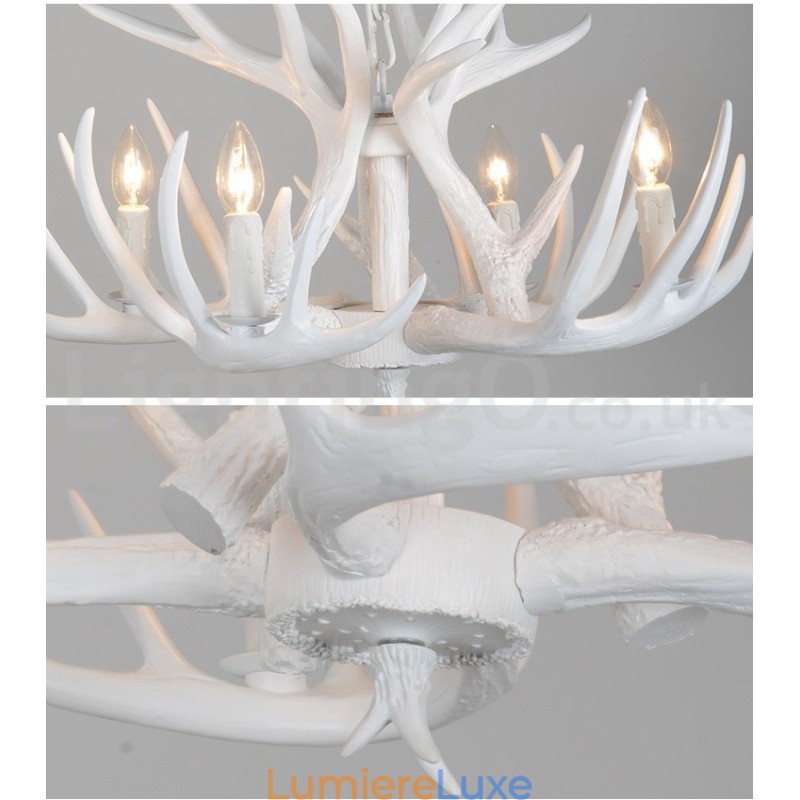 Lustre rustique artistique rétro à 4 lumières en bois de cerf blanc