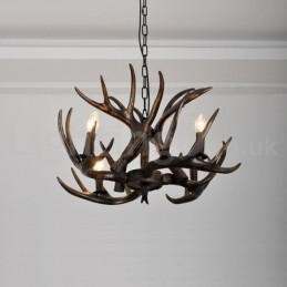 Lustre rustique artistique rétro à 4 lumières en bois de cerf noir dégradé
