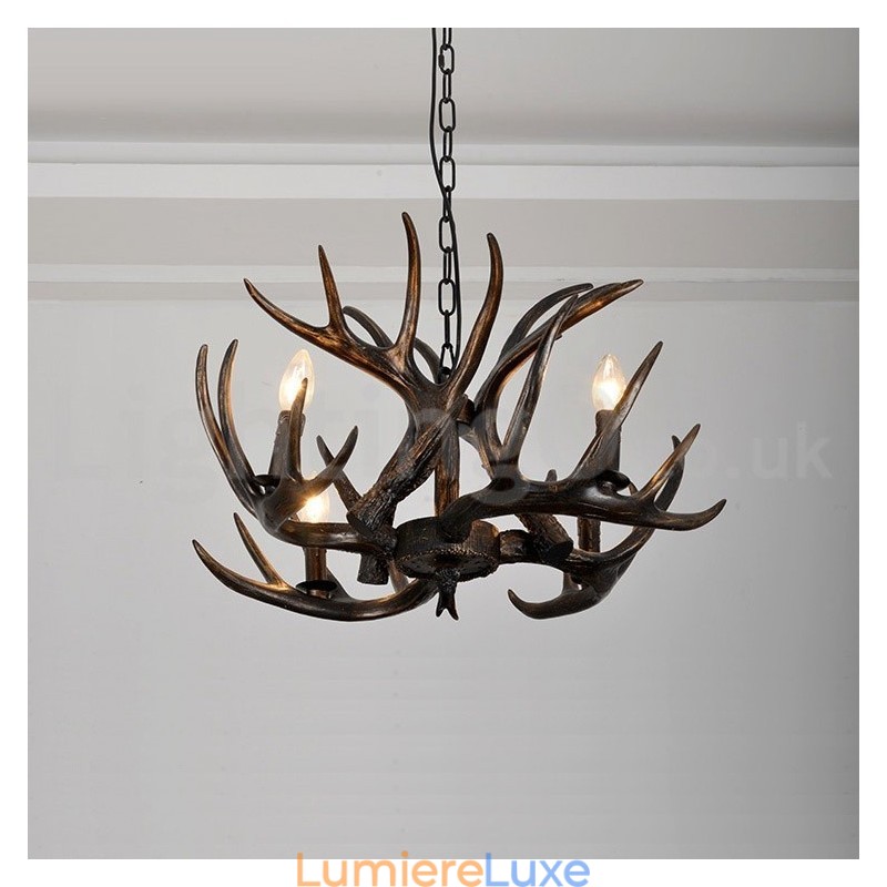 Lustre rustique artistique rétro à 4 lumières en bois de cerf noir dégradé