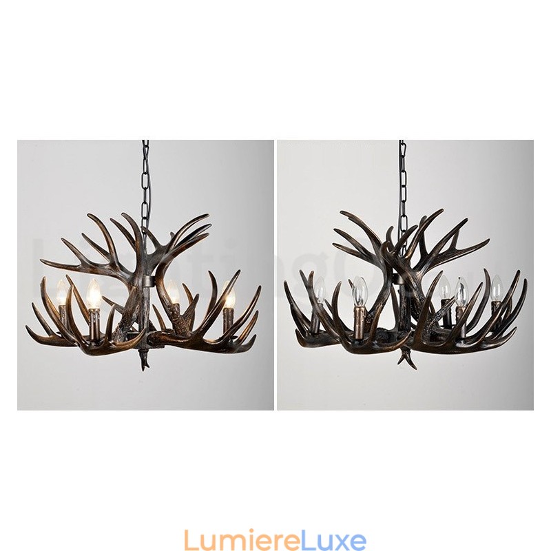 Lustre rustique artistique rétro à 4 lumières en bois de cerf noir dégradé