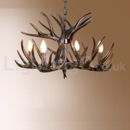Lustre rustique artistique rétro à 4 lumières en bois de cerf noir dégradé