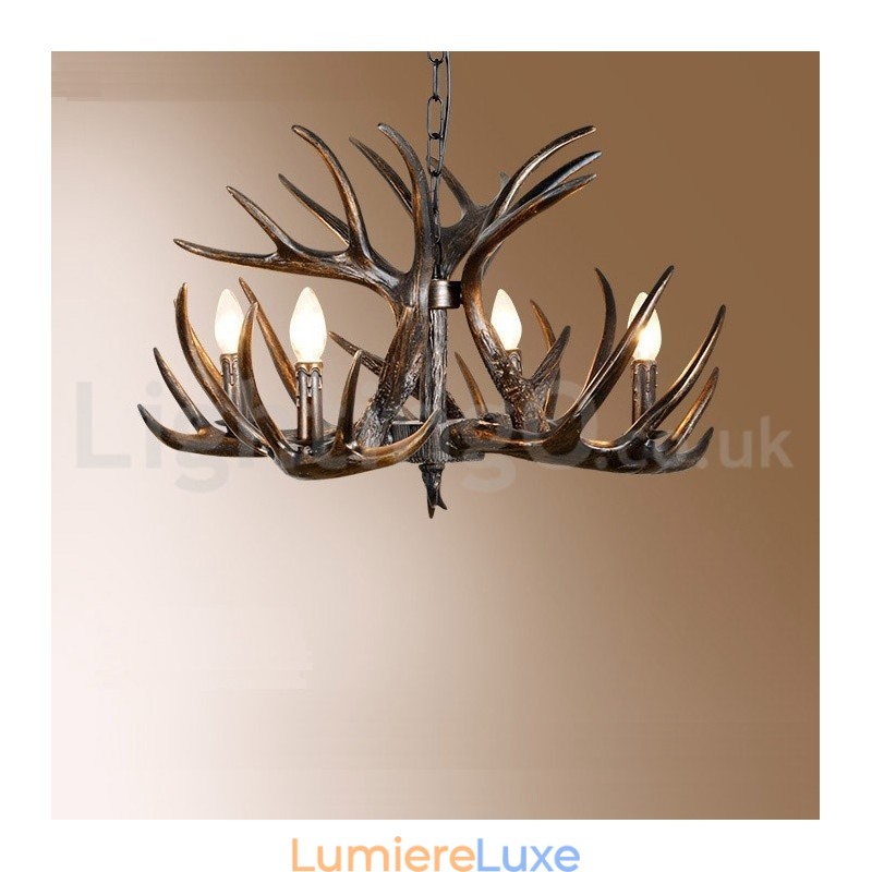 Lustre rustique artistique rétro à 4 lumières en bois de cerf noir dégradé
