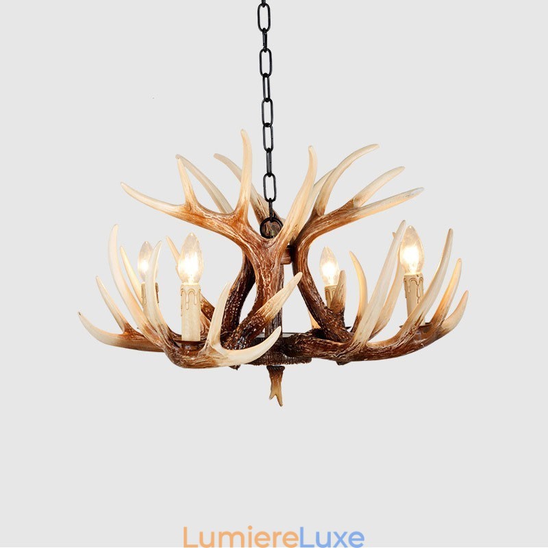 Lustre antique rustique artistique rétro à 4 lumières en bois de cerf