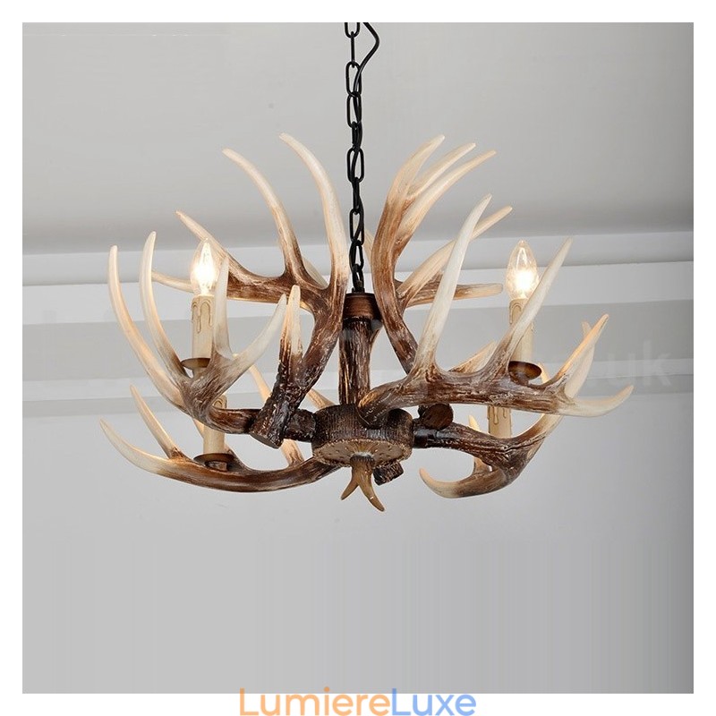 Lustre antique rustique artistique rétro à 4 lumières en bois de cerf