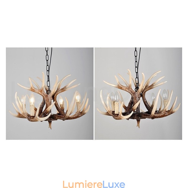 Lustre antique rustique artistique rétro à 4 lumières en bois de cerf