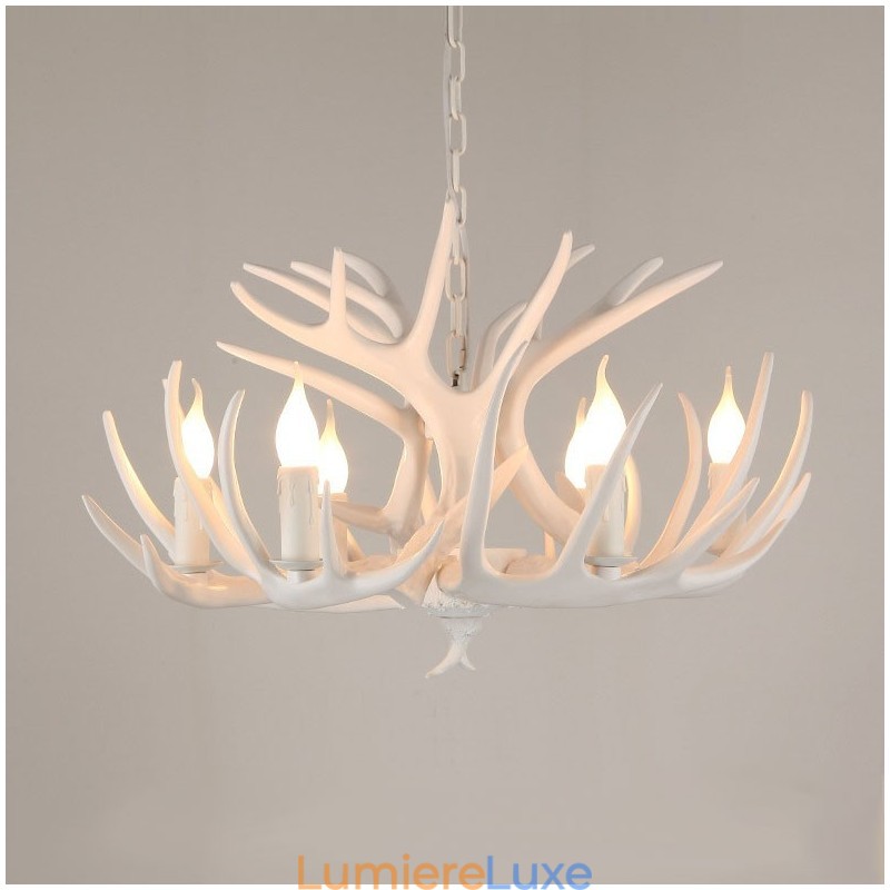 Lustre rustique artistique rétro à 6 lumières en bois de cerf blanc