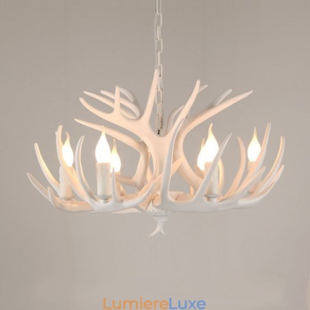 Lustre rustique artistique rétro à 6 lumières en bois de cerf blanc Lustre rustique artistique rétro à 6 lumières en bois de cerf blanc