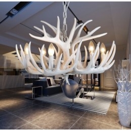 Lustre rustique artistique rétro à 6 lumières en bois de cerf blanc