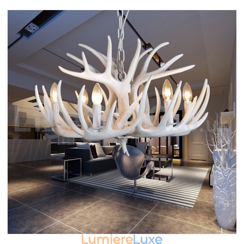 Lustre rustique artistique rétro à 6 lumières en bois de cerf blanc