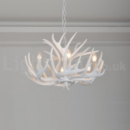 Lustre rustique artistique rétro à 6 lumières en bois de cerf blanc