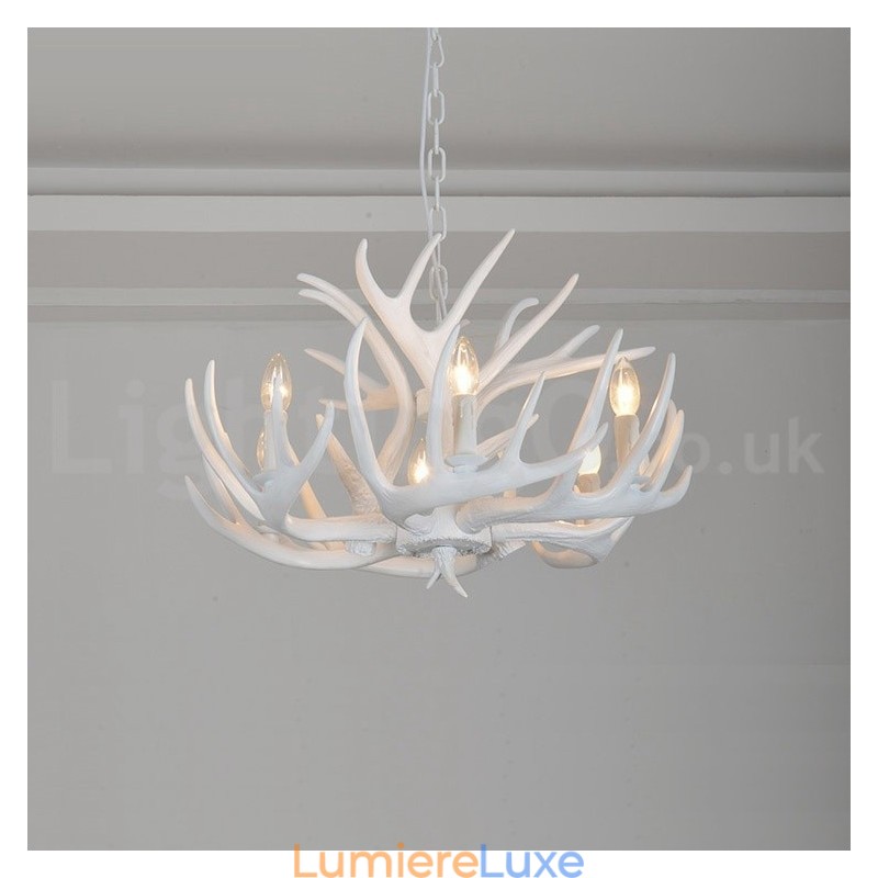 Lustre rustique artistique rétro à 6 lumières en bois de cerf blanc