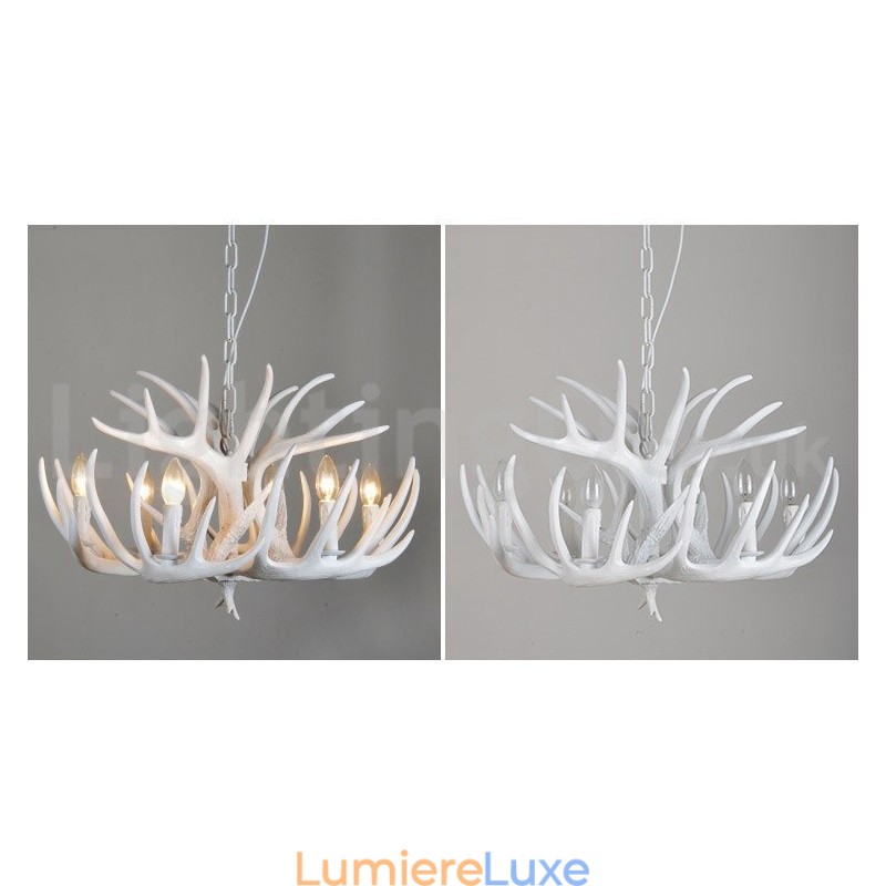 Lustre rustique artistique rétro à 6 lumières en bois de cerf blanc